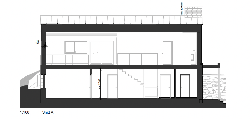 Section drawing of a two-story house with a roof, including interior layouts, stairs, doors, windows, and exterior wall details, with measurements in millimeters.