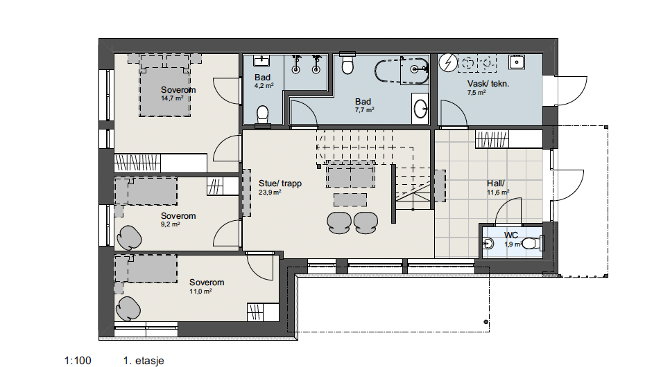 Floor plan of a residential house with labeled rooms including bedrooms, bathrooms, a living room, an entry hall, laundry area, and a small WC.