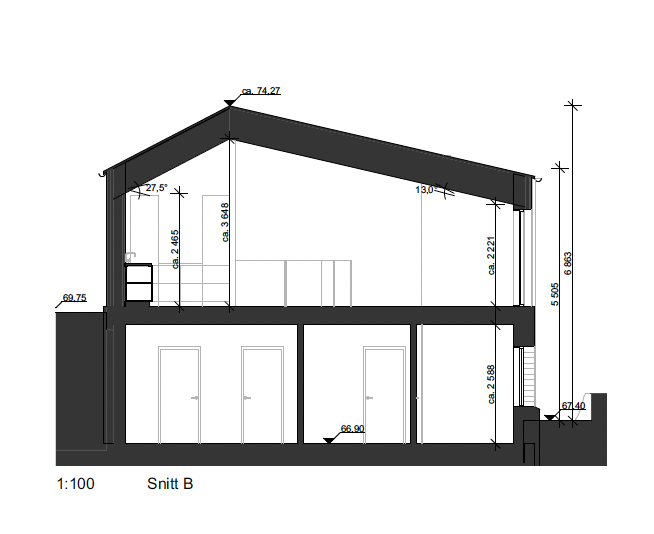 Architectural cross-section of a two-story building with measurements and roof slope details.