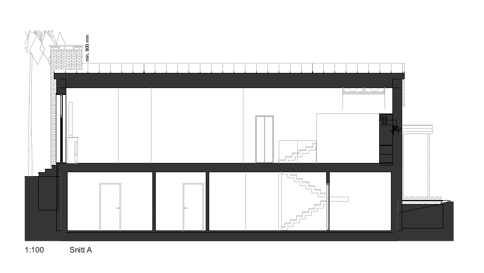 Architectural cross-section drawing of a two-story building showing interior layout, staircases, walls, and exterior details.