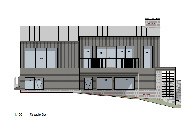 Elevation view of a modern house facade with multiple windows, a balcony, a chimney, and a garage, with a sloped terrain in the background.