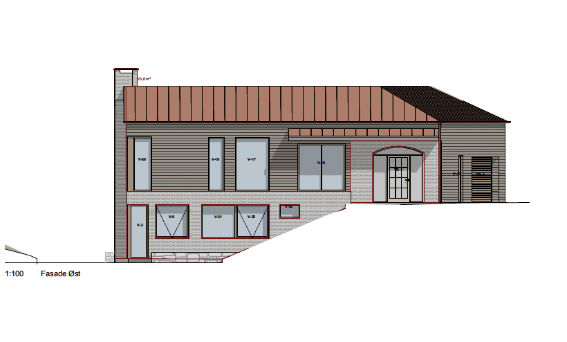 Architectural drawing of the east facade of a house showing windows, doors, roof, and chimney on sloped terrain.