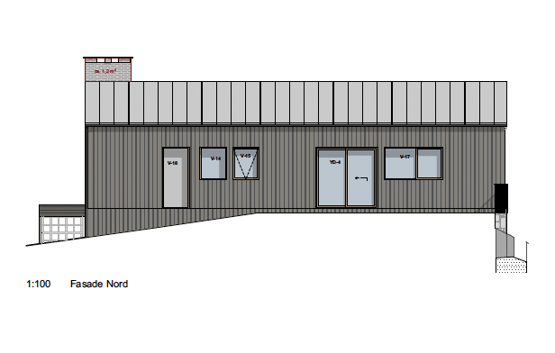 Architectural drawing of a modern building's north facade showing windows, a door, and structural details.