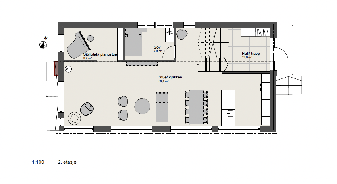 Floor plan of a second-story living space with a large open living room and kitchen, a bedroom, a hall with stairs, and a library/piano room.