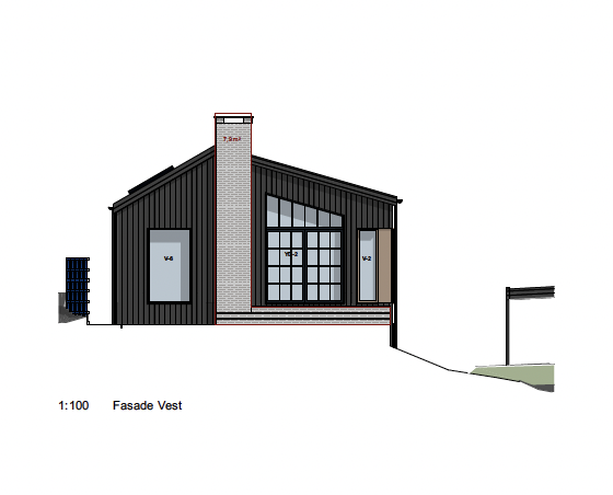 Architectural drawing of a modern house exterior with a black facade, large front window, brick chimney, and a small porch. An outdoor light fixture is visible on the right side.