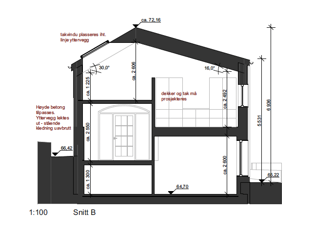 Architectural cross-section drawing of a house with measurements and construction notes in Norwegian.