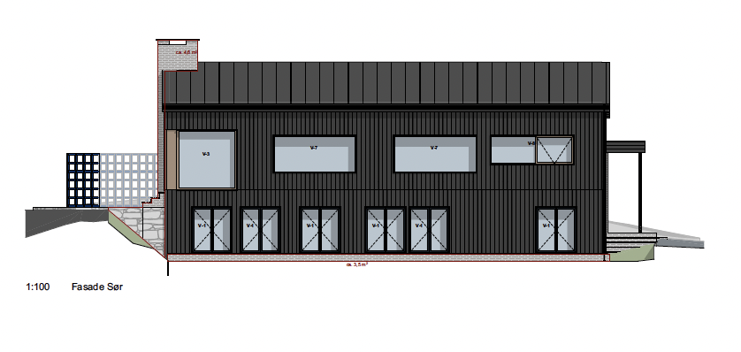 Architectural drawing of a two-story modern house with large windows, dark exterior siding, and a sloped roof. Features include a chimney and an outdoor staircase on the left side.