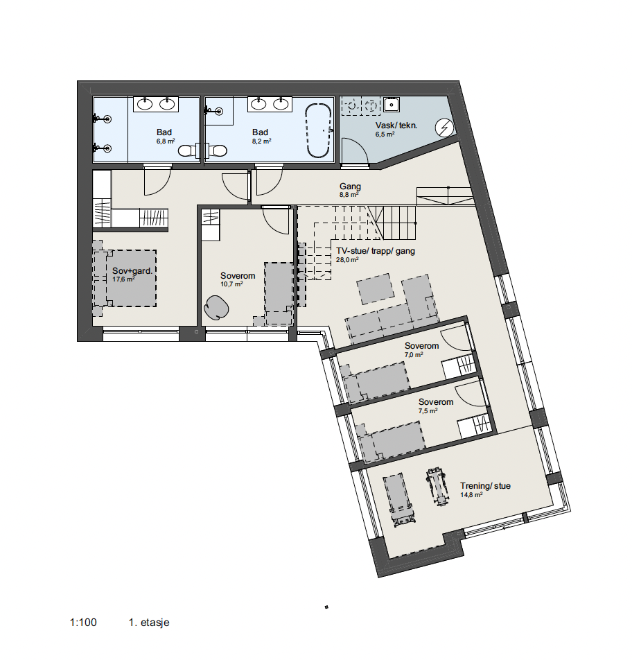 Floor plan of a house layout with various rooms labeled in Norwegian, including bedrooms, bathrooms, a laundry room, a storage room, a TV/study area, a gym area, and a hallway.