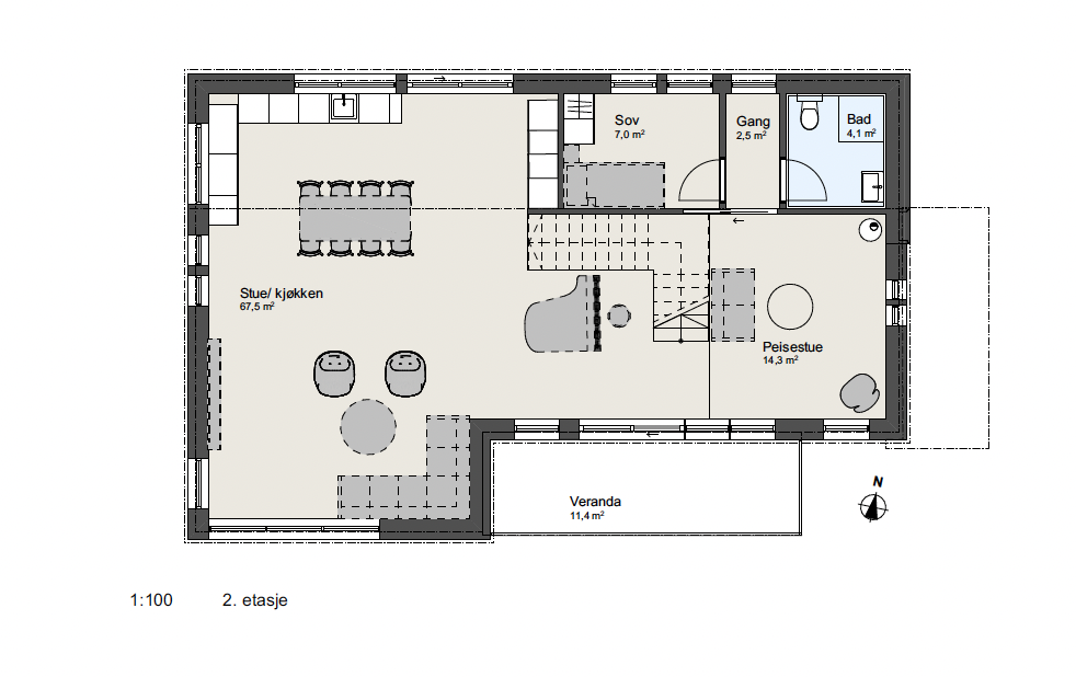 Floor plan of a house's second floor, featuring a combined living room and kitchen area, bedroom, bathroom, hallway, and veranda.
