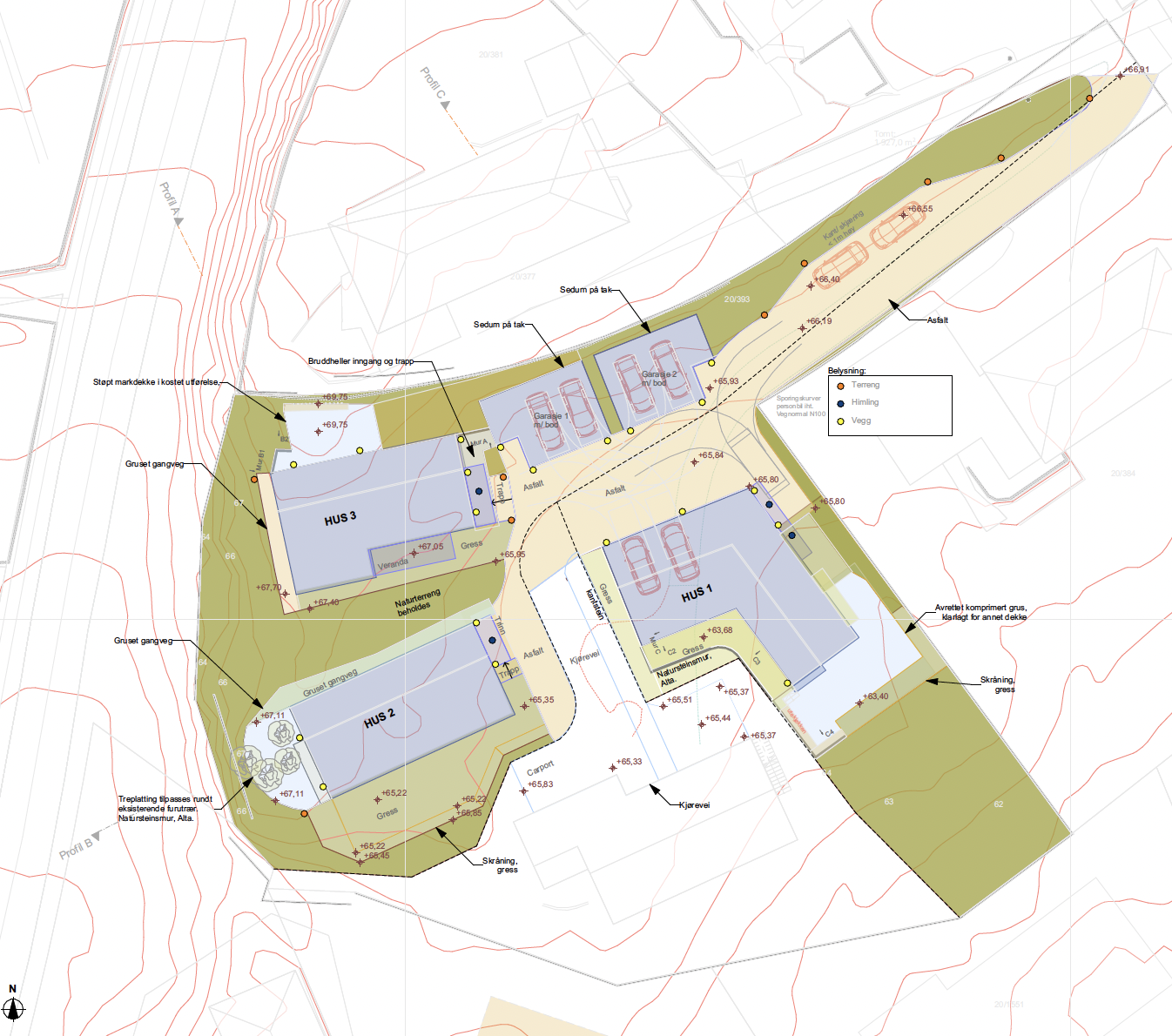 A detailed site plan of a residential area showing three houses labeled HUS 1, HUS 2, and HUS 3, with surrounding pathways, parking spaces, green areas, and technical annotations.