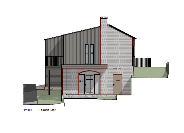 Architectural drawing of a two-story house with brick and siding exterior, front door, windows, chimney, and surrounding yard with steps.