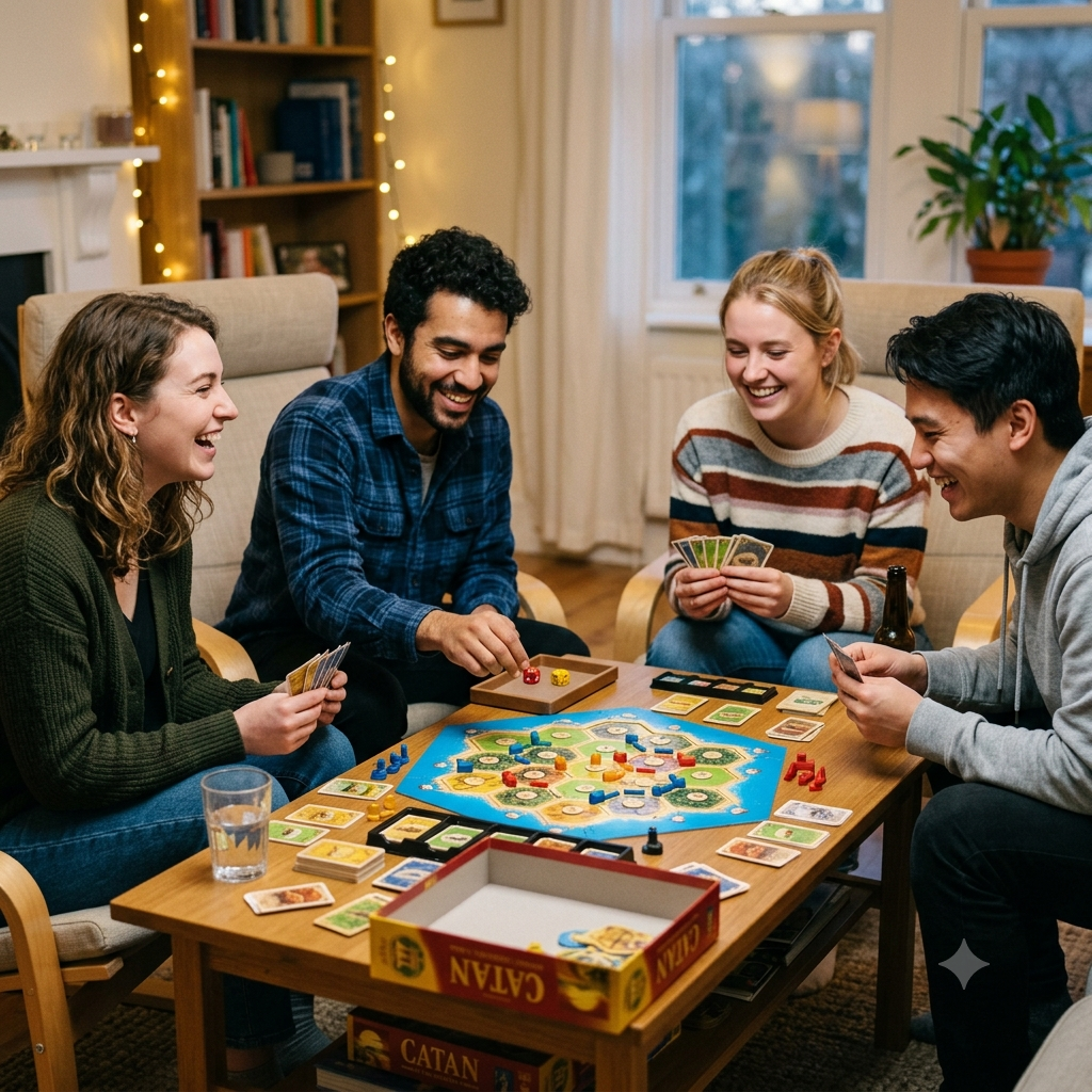 Group of four friends playing a board game together at a wooden table in a cozy living room, smiling and enjoying each other's company.