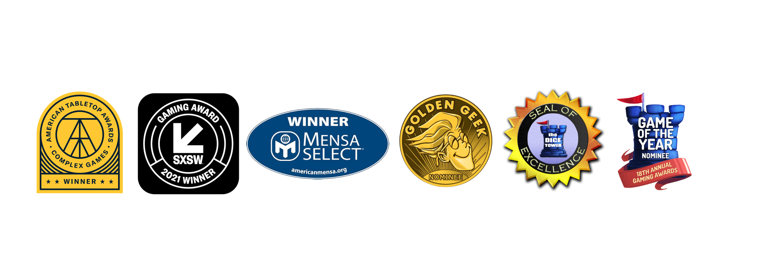 A series of gaming award logos, including American Tabletop Awards winner, SXSW 2021 winner, Mensa Select winner, Golden Geek nominee, Seal of Excellence, and Game of the Year nominee.