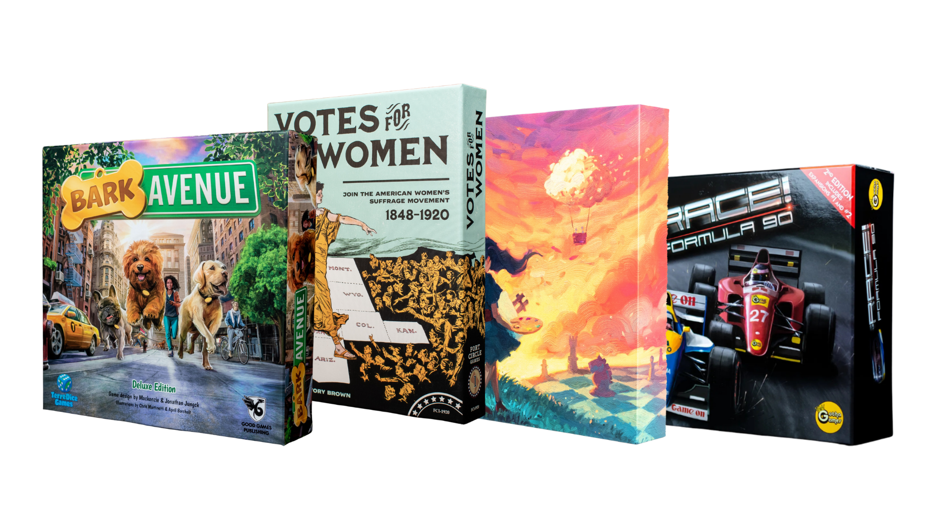 Series of board game boxes standing upright, featuring images of dogs, women's suffrage, a hot air balloon, and race cars.