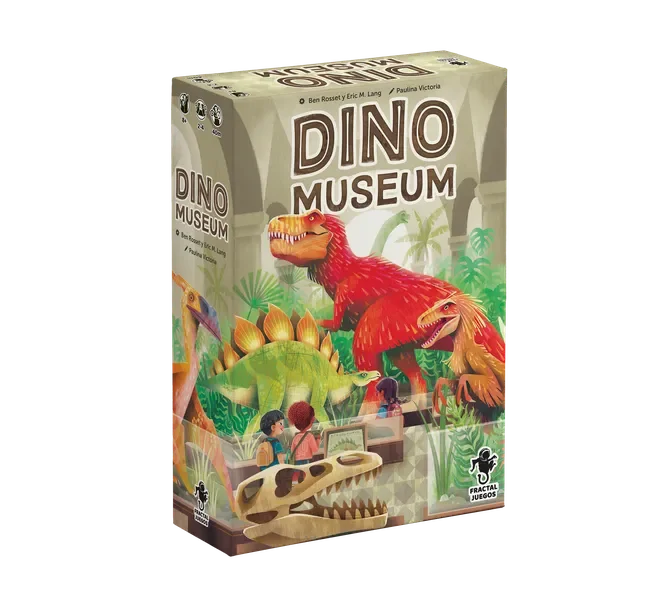 Board game box titled "Dino Museum" featuring colorful cartoon dinosaurs, including T-Rex and herbivorous dinosaurs, with children and fossil illustrations in the background.
