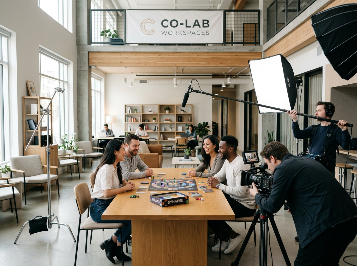 People filming a tabletop board game session in a bright, modern coworking space with coworkers working in the background. The scene includes a camera operator, a sound technician, and a director overseeing the shoot.