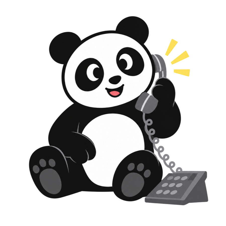Cute panda holding a phone receiver with a happy expression.