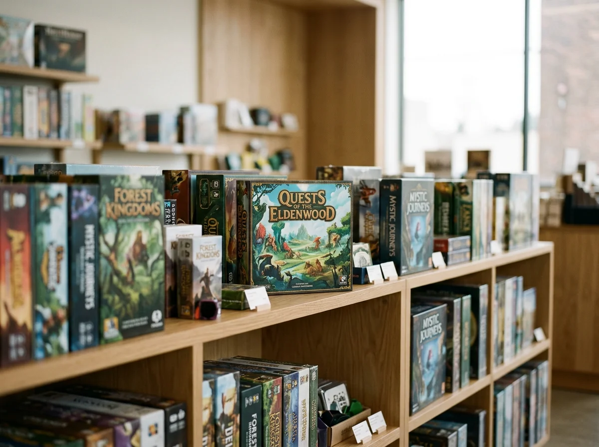 A bookshelf filled with board games, including 'Quest of the Eldenwood,' 'Forest Kingdoms,' and 'Mystic Journeys,' in a well-lit store or library.