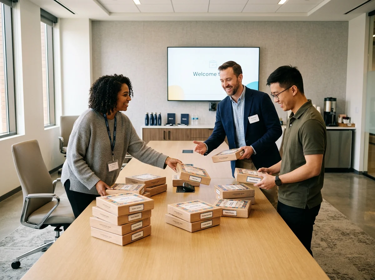 Three people in a conference room exchanging boxed games or puzzles. Two men and one woman are smiling and engaging in conversation, with a large TV screen in the background displaying a welcome message.