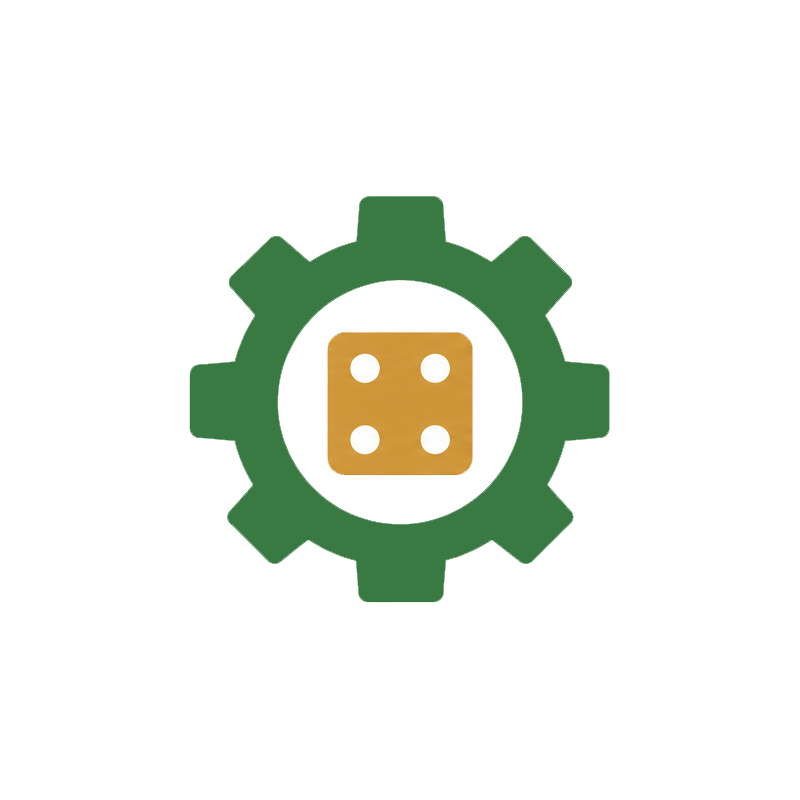 An illustration of a game controller, with a green body, black buttons, and a yellow die with white dots in the center.