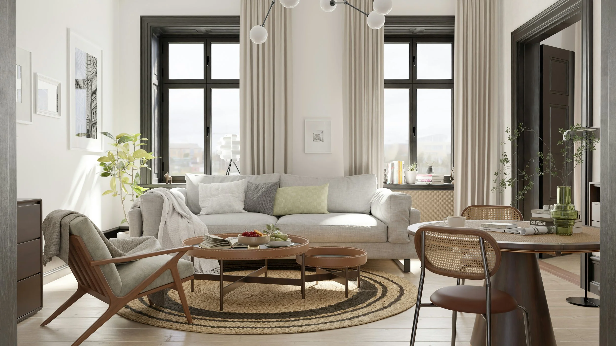 Modern living room with large windows, white sofa, wooden chairs, round rug, and various decorative plants.