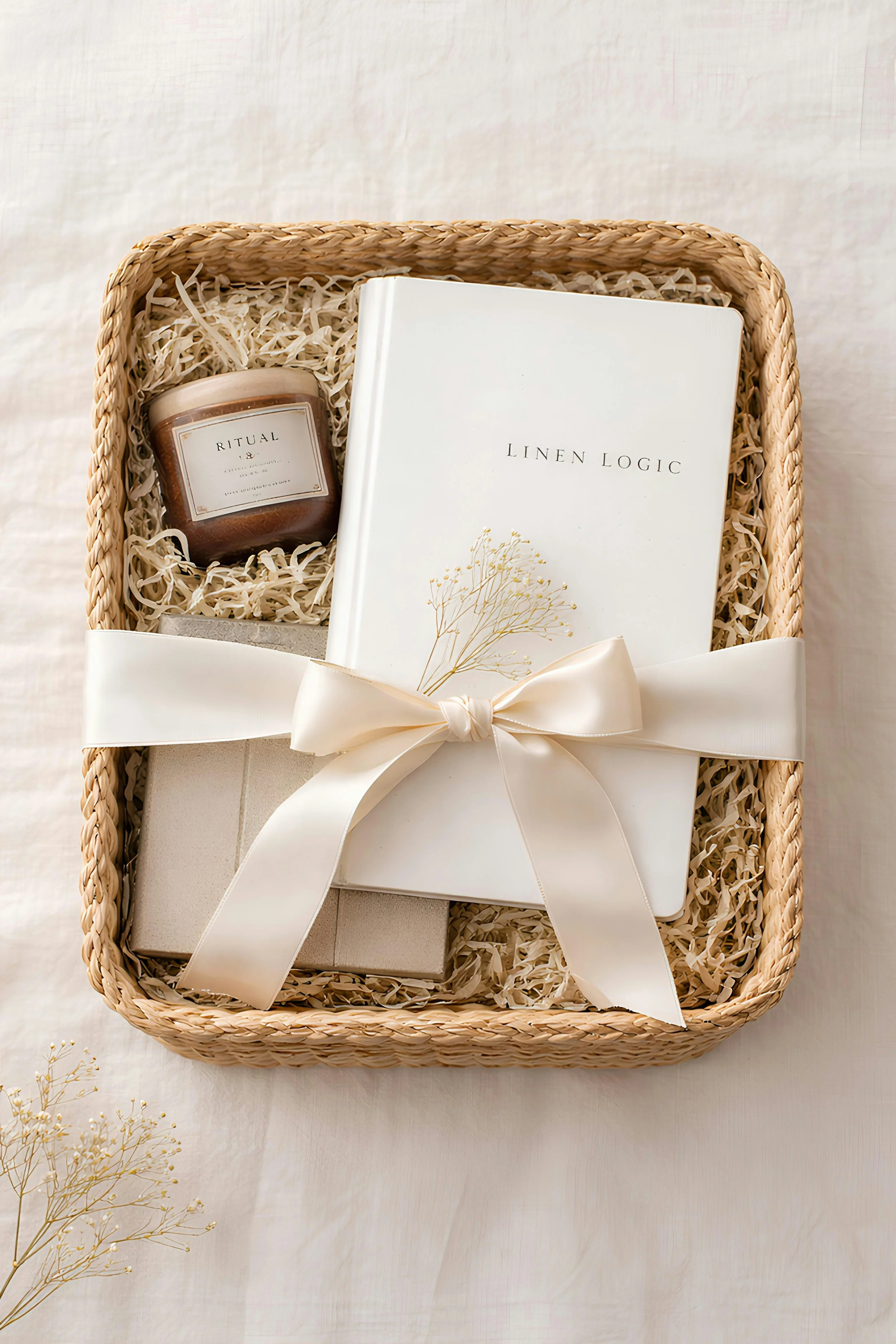 A gift basket with shredded paper, a white book titled 'Linen Logic', a candle labeled 'Ritual', and a white box with a cream-colored ribbon, on a white surface with some sprigs of dried flowers nearby.