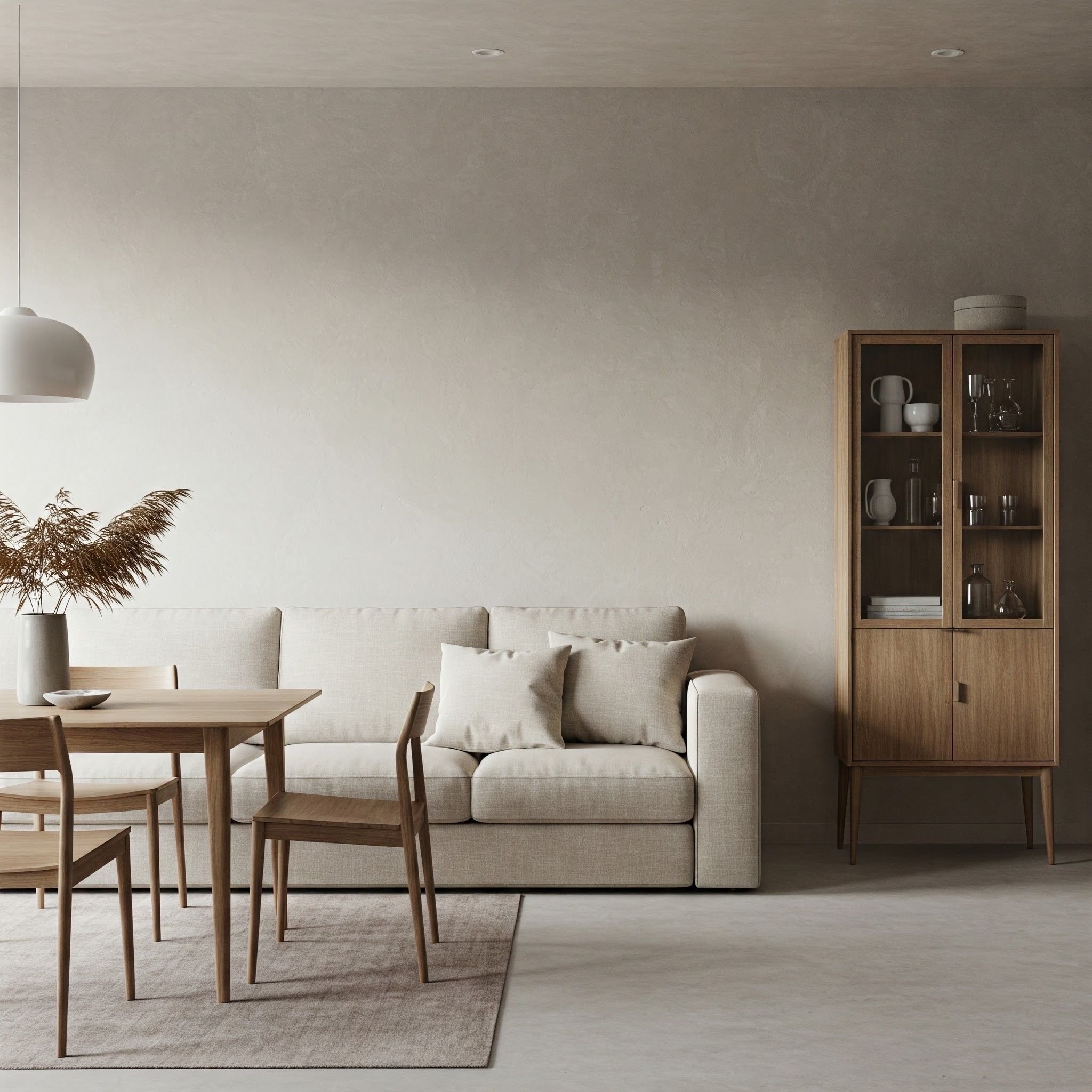 Living room with light beige sofa, wooden dining table with chairs, large beige rug, and a wooden cabinet with glass doors showing white and clear glassware.