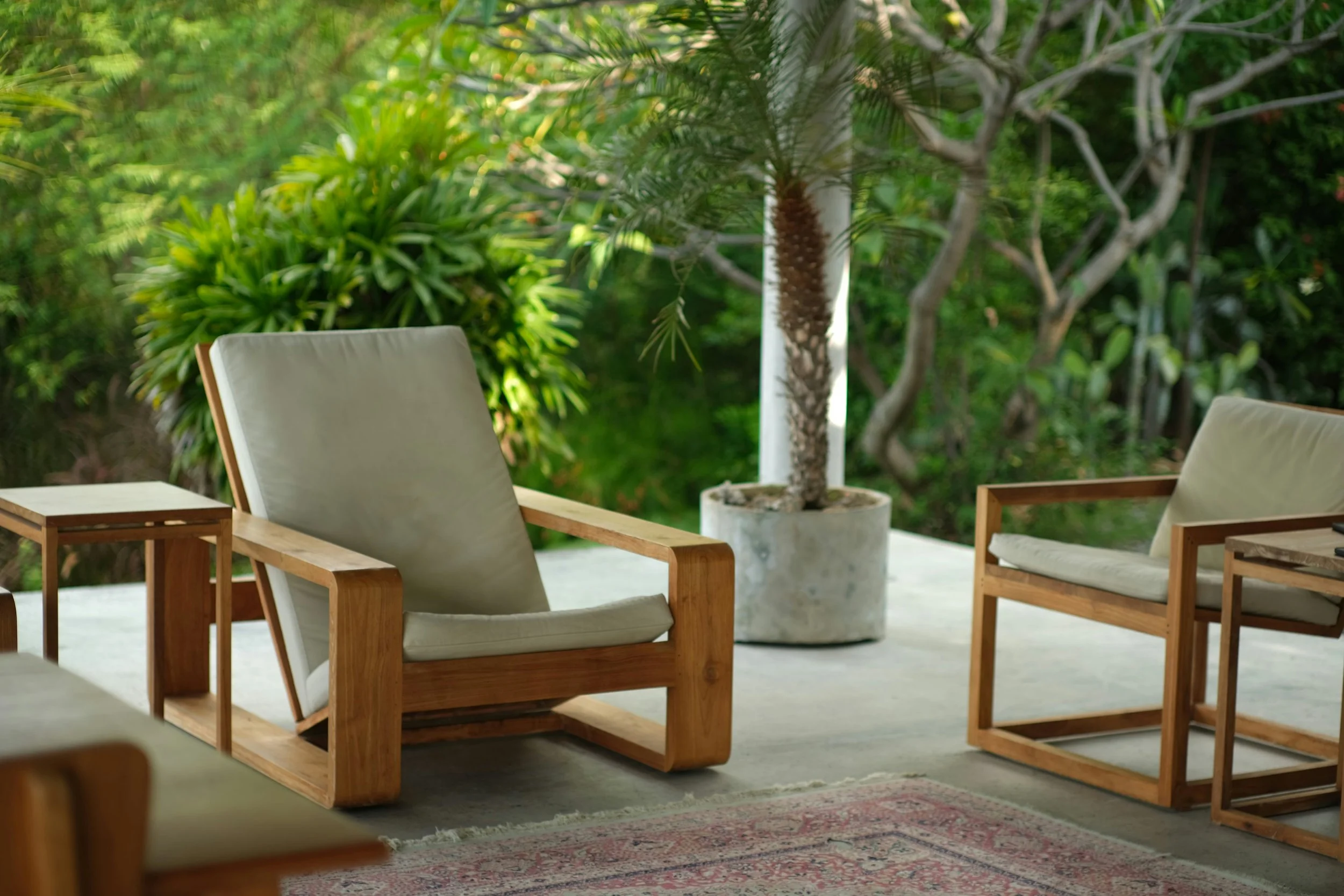 Outdoor patio area with wooden chairs and a table, surrounded by lush green plants and trees.
