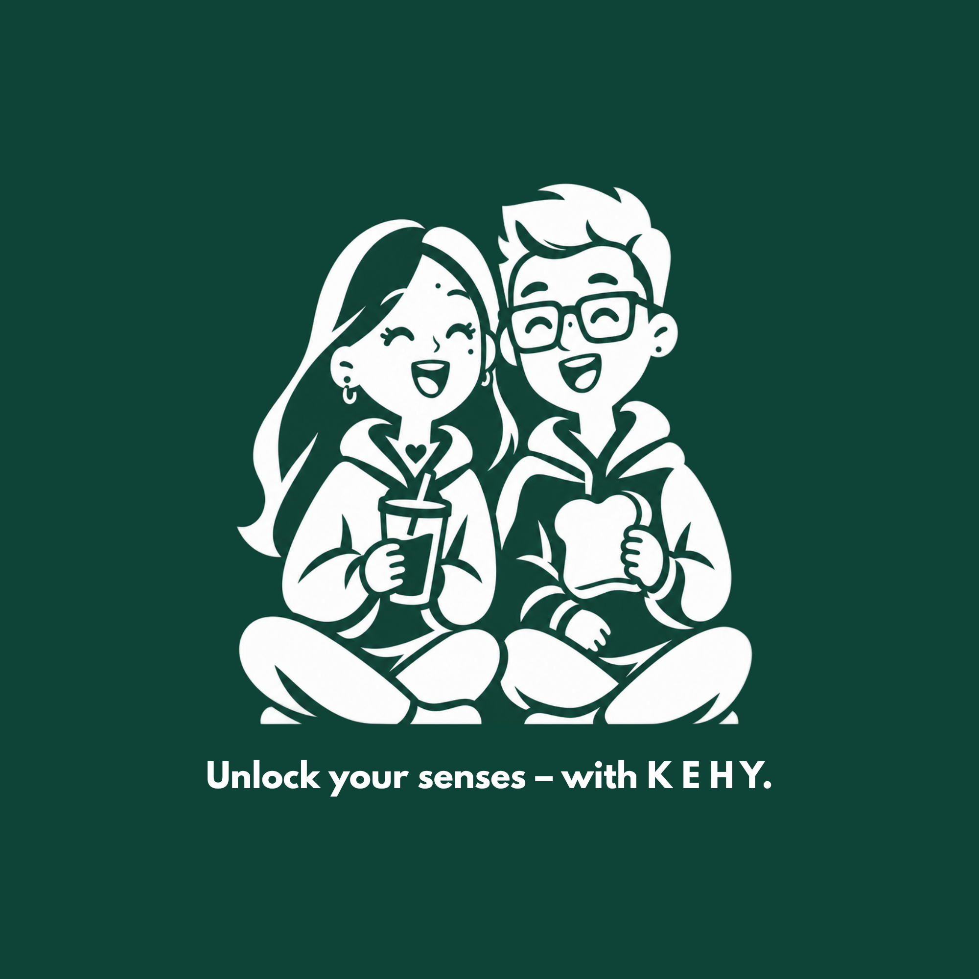 Line art illustration of a happy girl and a happy boy sitting cross-legged, holding drinks, smiling, with the text "Unlock your senses - with KEHY".