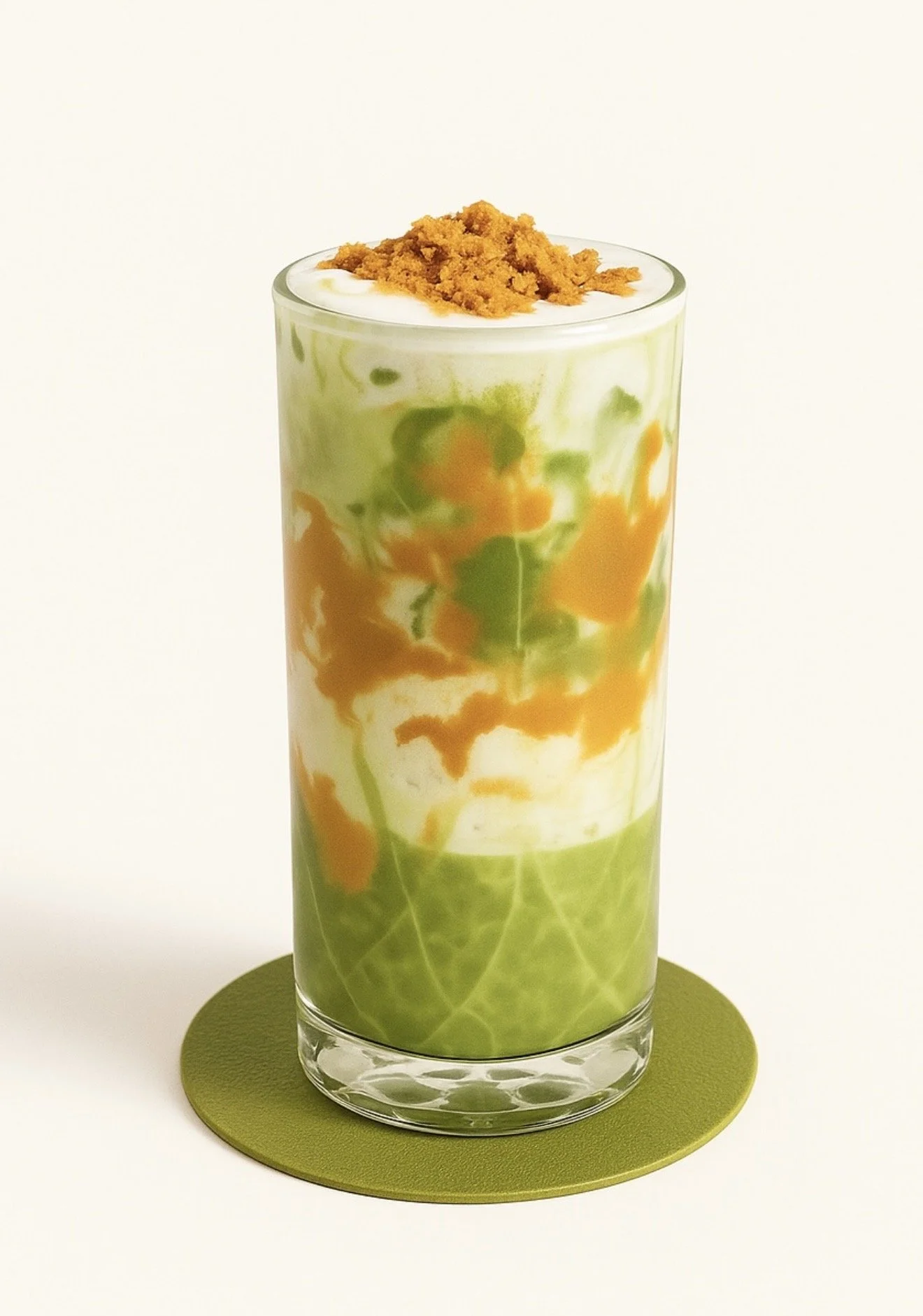 A tall glass of matcha with biscoff spread, with cream on top, topped with crumbled biscoff placed on a green coaster.
