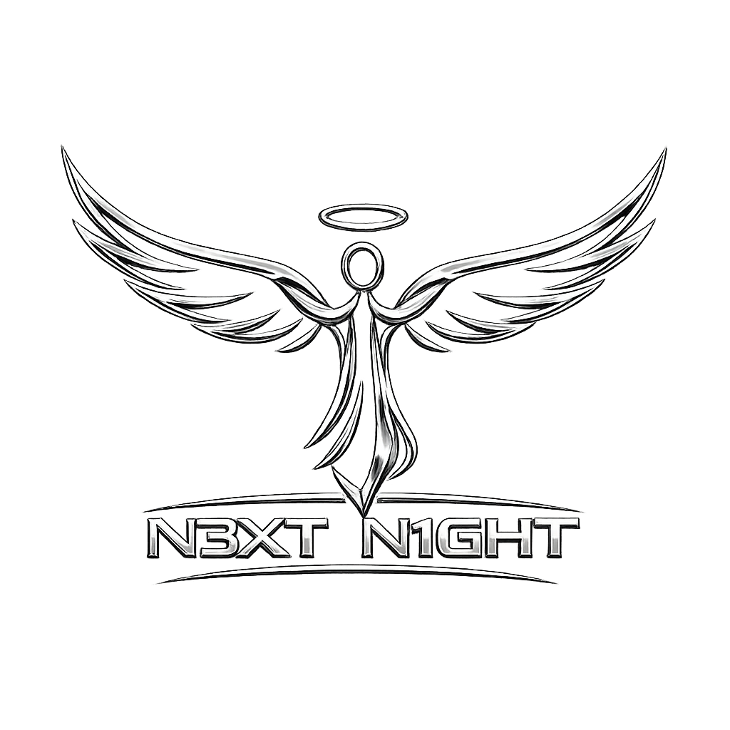 銀色の翼と輪のデザイン、下に「NBXT NIGHT」の文字があるロゴ