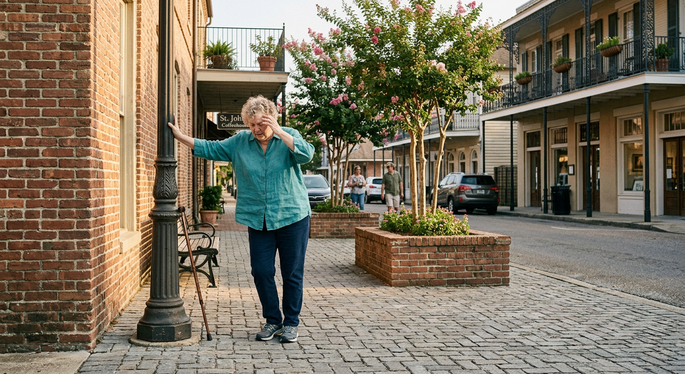 An elderly woman appears to be in distress, leaning against a lamppost on a brick sidewalk in a small town or neighborhood. She's touching her head with one hand and holding the lamppost with the other. There are trees, parked cars, and multi-story buildings with balconies in the background, with two people walking in the distance.