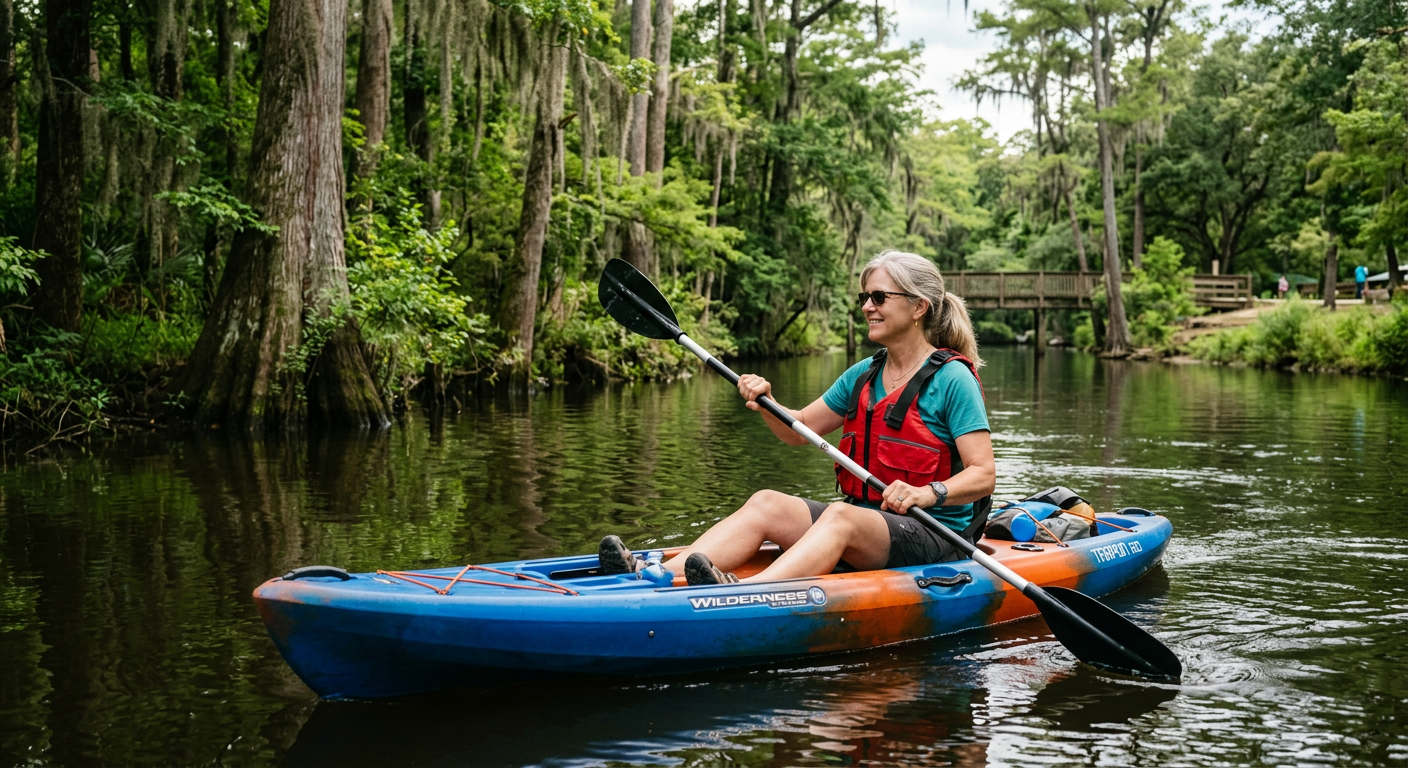 A woman kayaking on a calm river surrounded by green trees in a park.