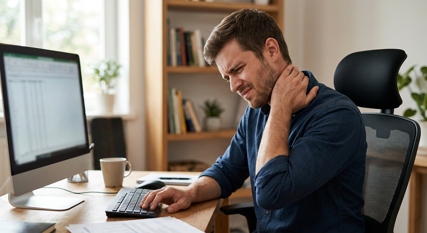 Man experiencing neck pain at his home office desk, holding his neck with one hand, with a computer, mug, and books around him.