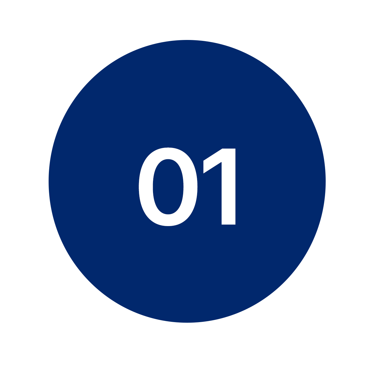 Blue circular button with the number '01' in white in the center.
