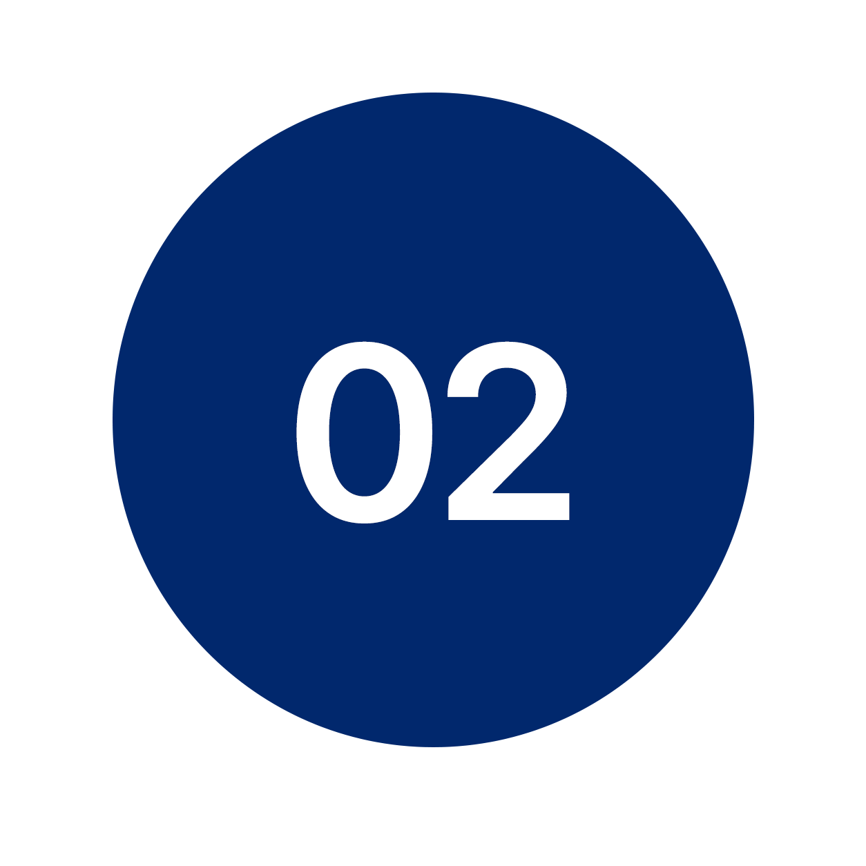 A circular graphic with a dark blue background and white text displaying the number '02' in the center.