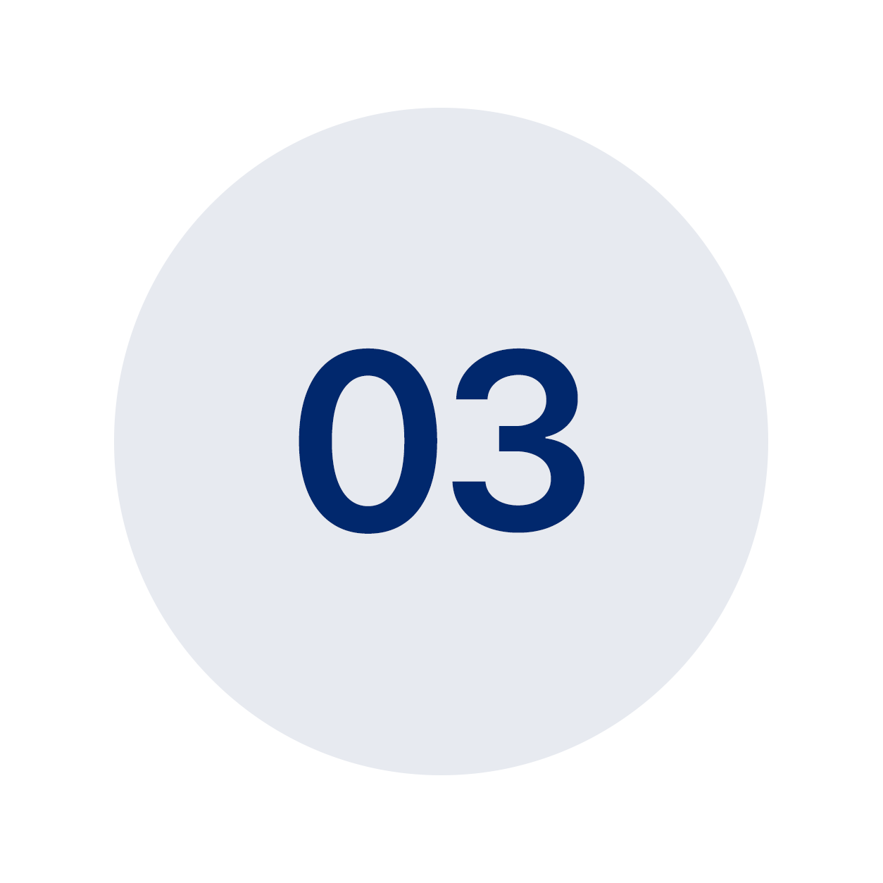 A circular countdown timer with a light gray background and the number '03' in bold navy blue in the center.