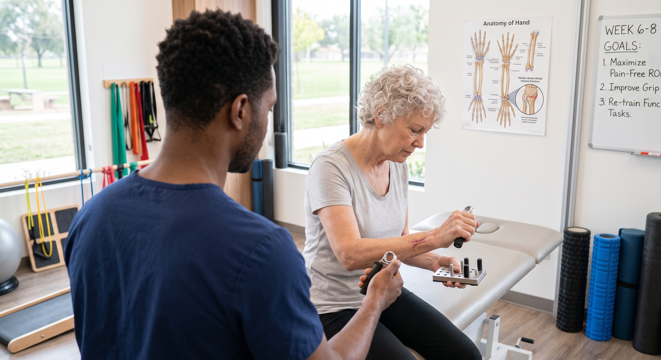 A physiotherapist assisting an elderly woman with hand therapy exercises in a rehabilitation clinic with anatomical charts on the wall.