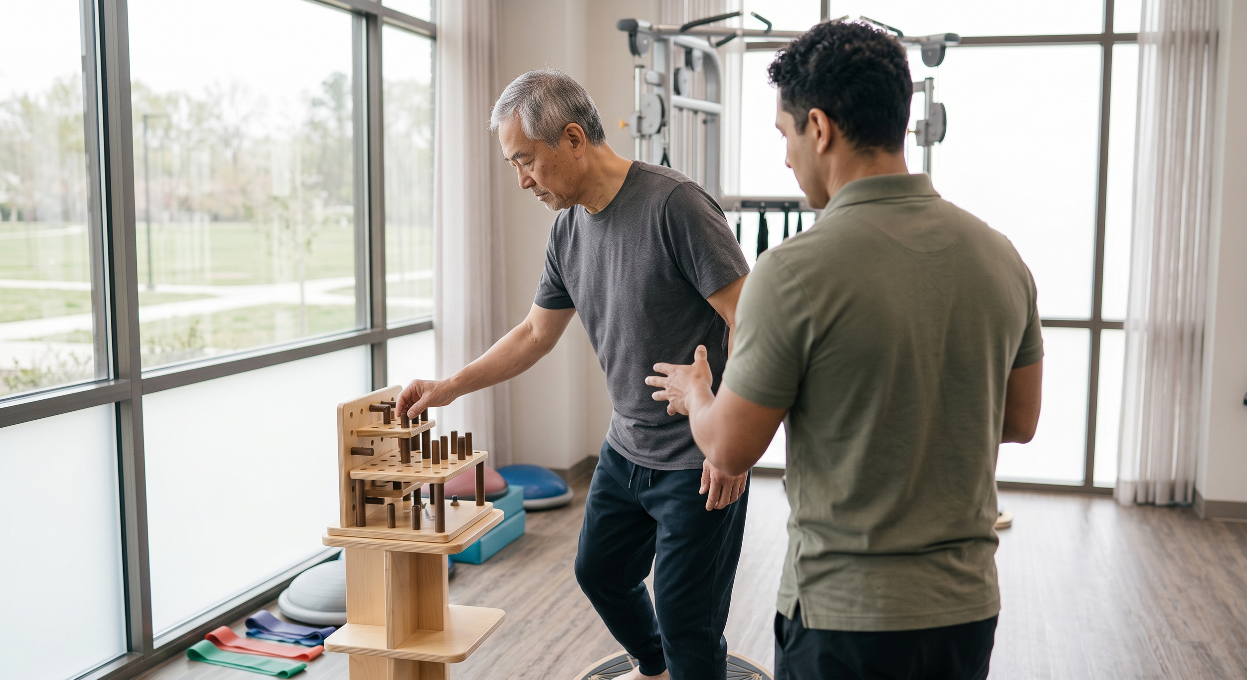 A man with gray hair and gray beard participating in a physical therapy session with a therapist near a large window, using a wooden pegboard with pegs. The therapist is standing behind the patient, providing assistance.