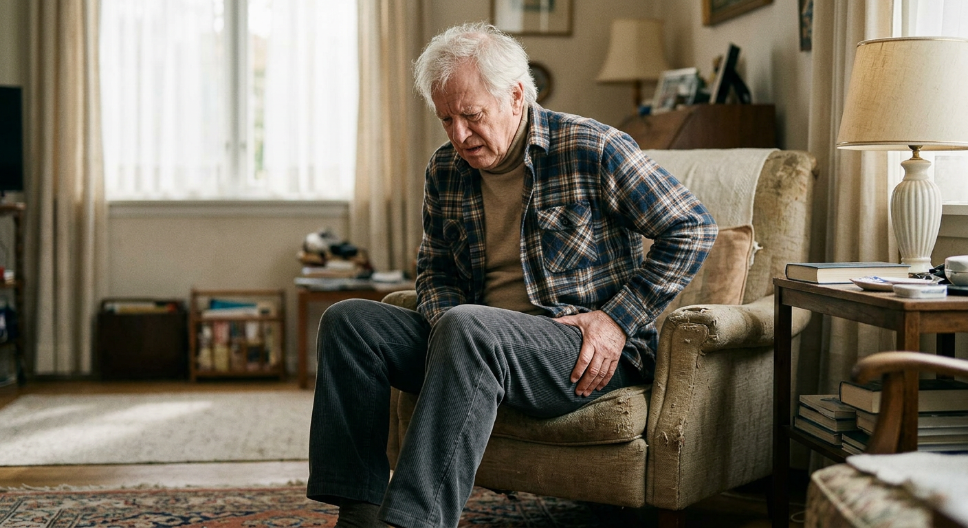 A senior man sitting on a worn armchair in a living room, holding his lower back with a pained expression, indicating back pain or discomfort.