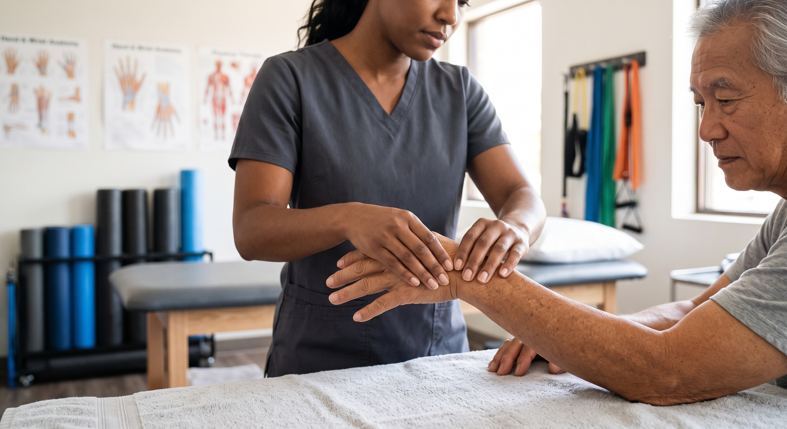 A healthcare professional providing physical therapy or massage to an elderly woman's hand in a clinic setting, with therapy equipment and anatomical posters in the background.