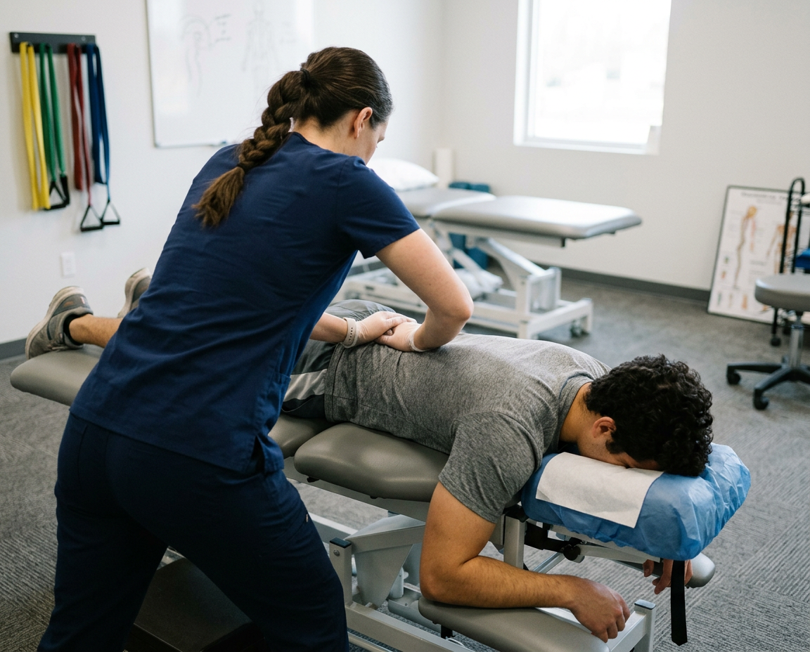 Physical therapist massages a male patient lying face down on a treatment table in a medical office.