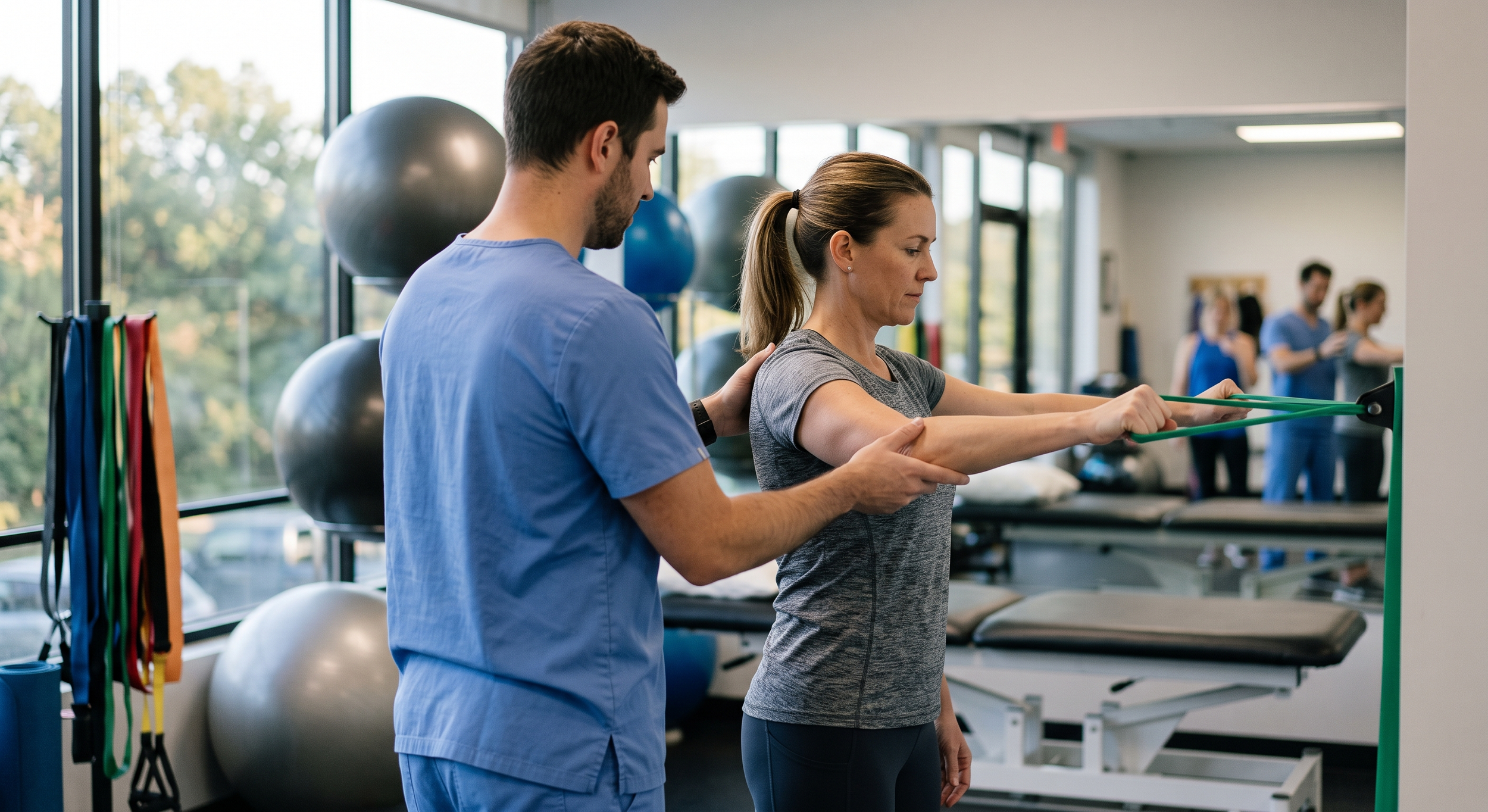 A physical therapist assists a woman with resistance band exercises in a rehab clinic, with therapy equipment and exercise balls in the background.