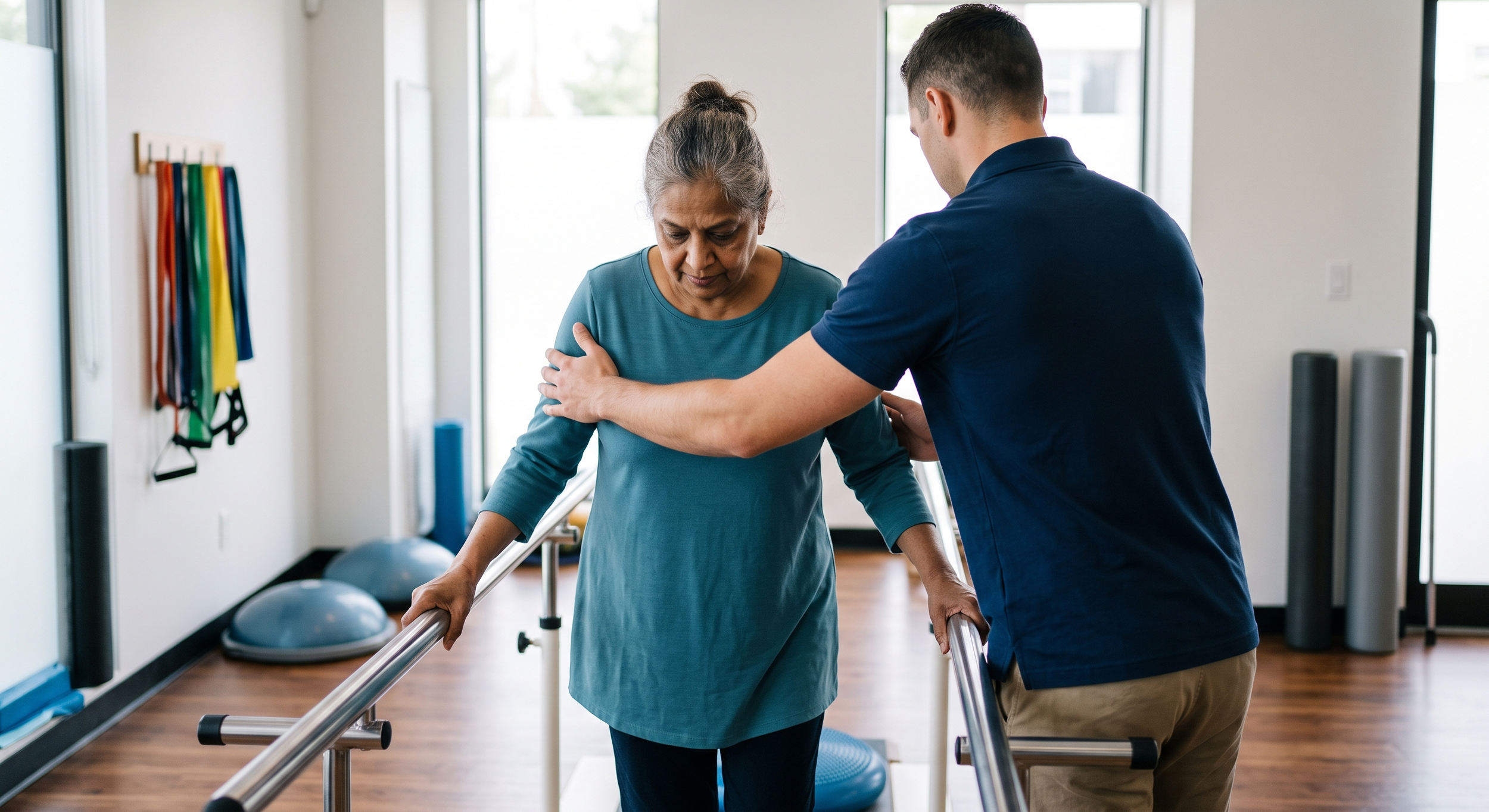 A woman in a blue outfit receiving assistance from a male therapist as she practices walking with a walker in a therapy room with exercise equipment in the background.