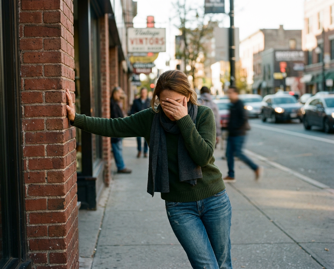 A woman standing on a city sidewalk, leaning against a brick building with her hand covering her face, appearing distressed or upset.