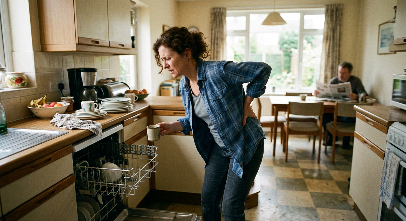 A woman wearing a blue plaid shirt and jeans is holding a mug and experiencing back pain in a kitchen. In the background, a man is reading a newspaper at a dining table.