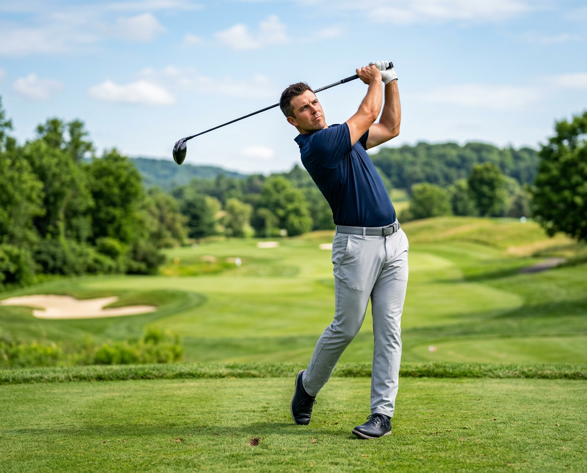 Man swinging a golf club on a golf course with green trees and rolling hills in the background.