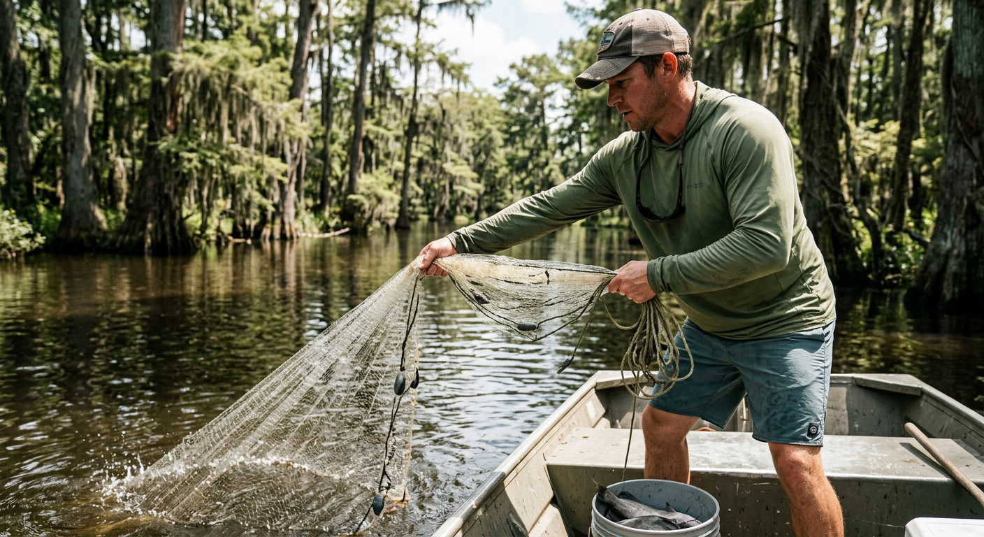 A man in a green shirt, blue shorts, and a baseball cap catches fish with a net while standing in a boat on a river surrounded by trees.