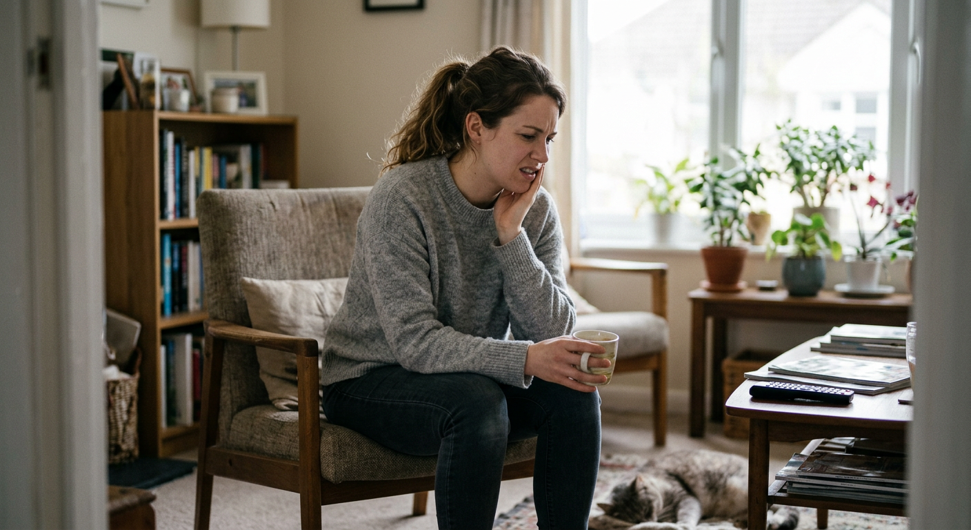 A woman sitting on a chair in her living room, holding a mug, looking distressed while a gray and white cat lies on the floor nearby.