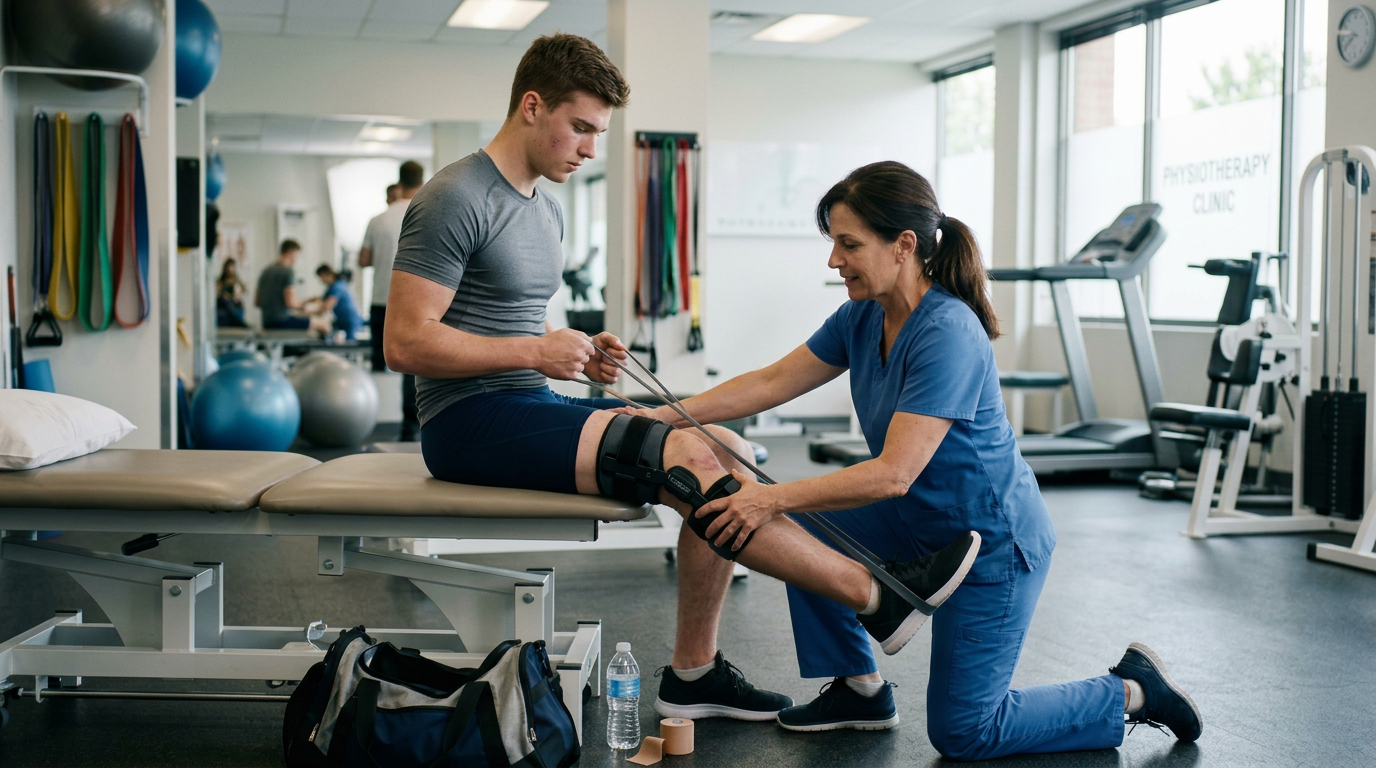 A young man is receiving physical therapy on his knee from a therapist in a clinic. The therapist is kneeling while adjusting resistance bands around his knee, which is supported on a padded table. The clinic has exercise equipment in the background and sunlight coming through the windows.